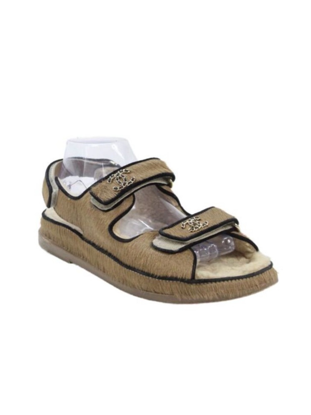 Chanel Dad Pony Calf Hair Fur Shearling Sherpa CC Strap Sandals Flats Tan Black